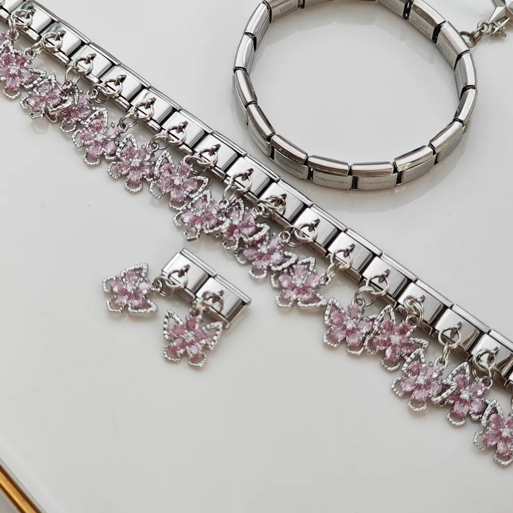 Stainless Steel Nomi Charm Pembe Taşlı Kelebekler